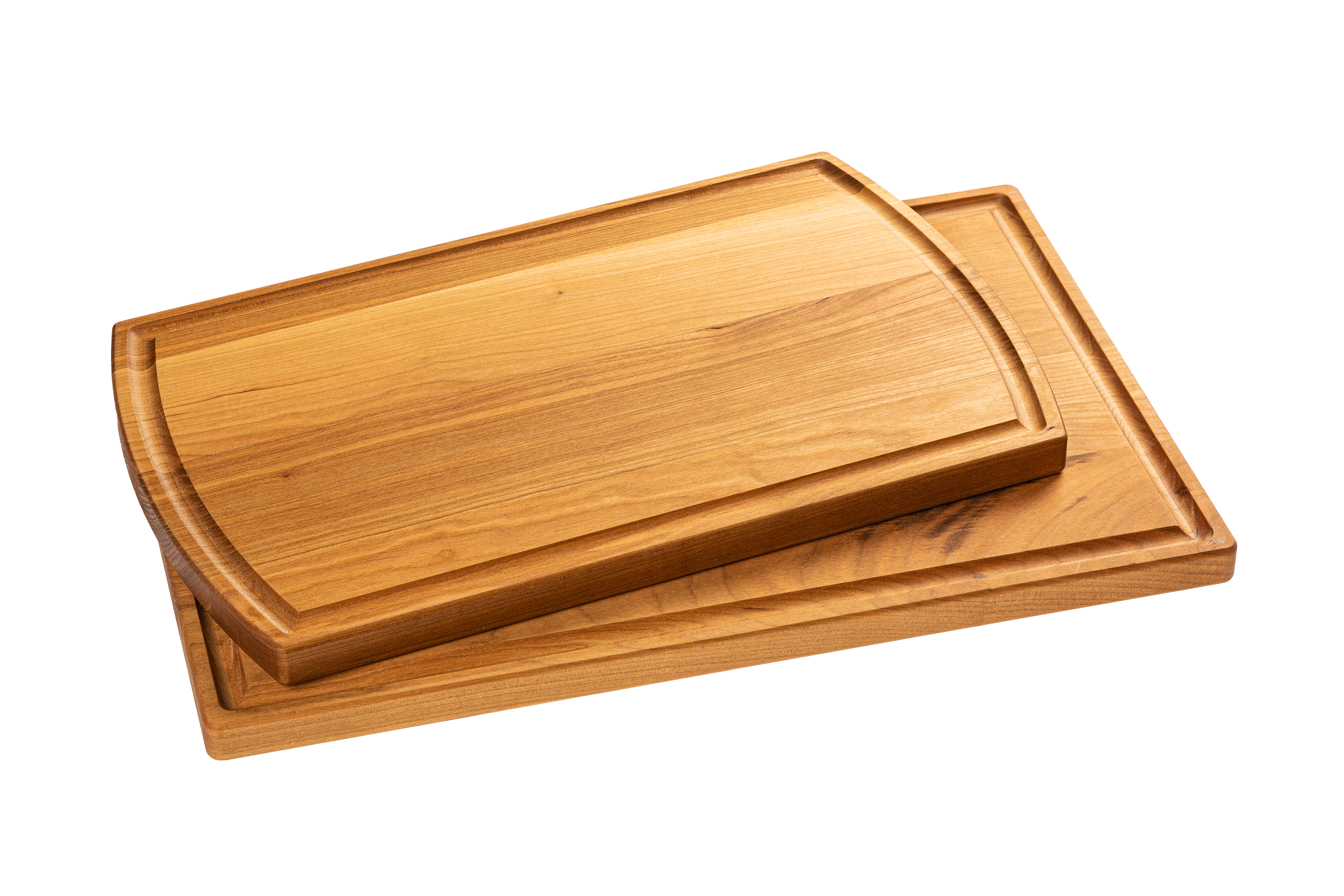 Two Chop Chop wooden cutting boards, rectangular, one larger with a juice groove and one smaller nested inside.
