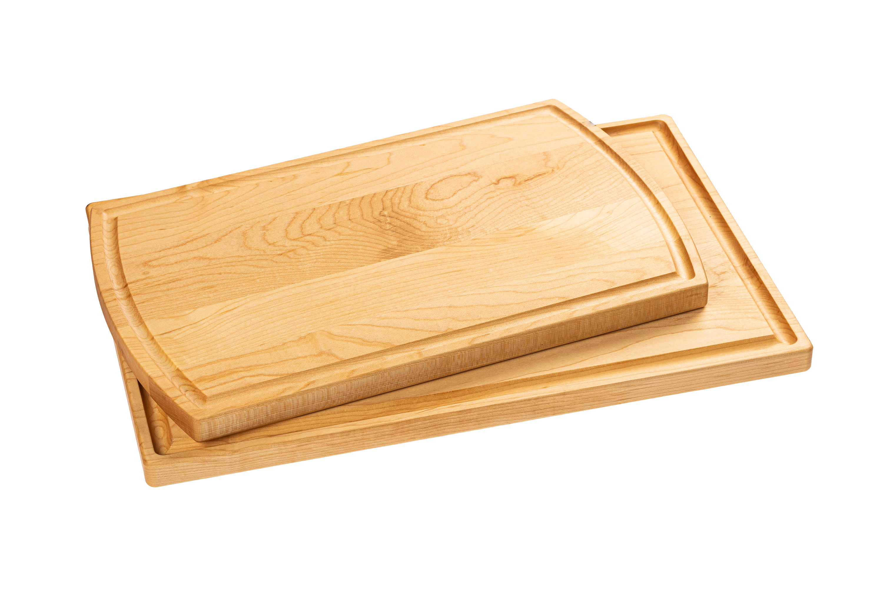 Two Chop Chop wooden cutting boards, rectangular, one larger with a juice groove and one smaller nested inside.