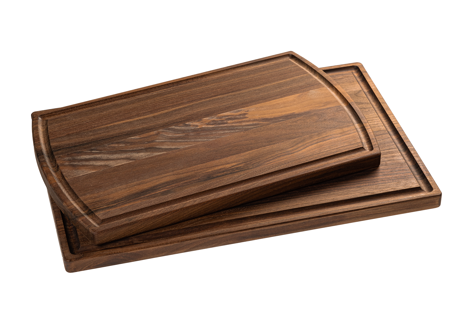 Two Chop Chop wooden walnut cutting boards, rectangular, one larger with a juice groove and one smaller nested inside.