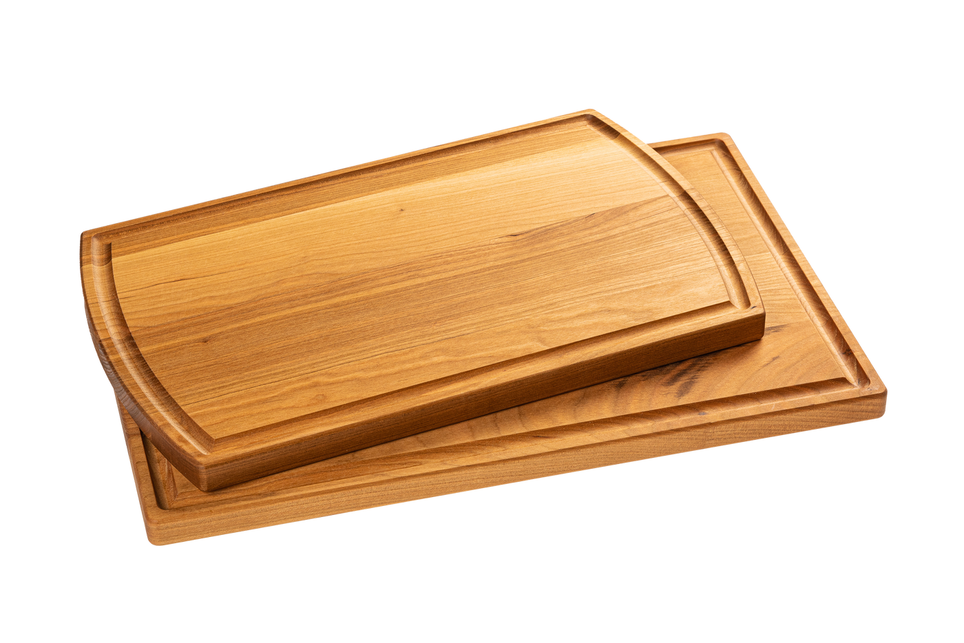 Two Chop Chop wooden cutting boards, rectangular, one larger with a juice groove and one smaller nested inside.