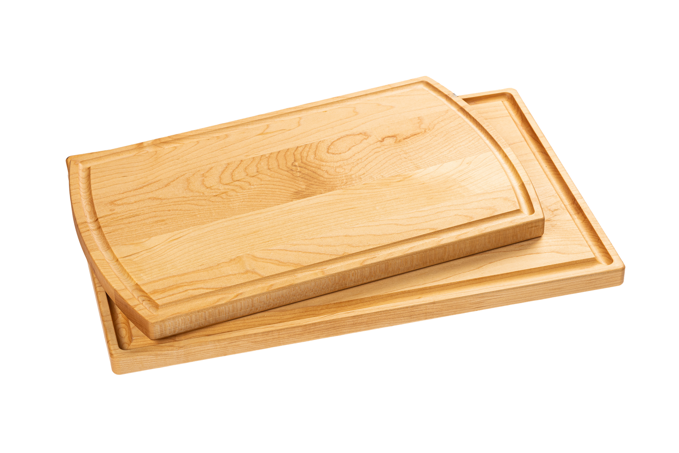 Two Chop Chop wooden cutting boards, rectangular, one larger with a juice groove and one smaller nested inside.