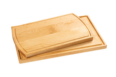 Two Chop Chop wooden cutting boards, rectangular, one larger with a juice groove and one smaller nested inside.