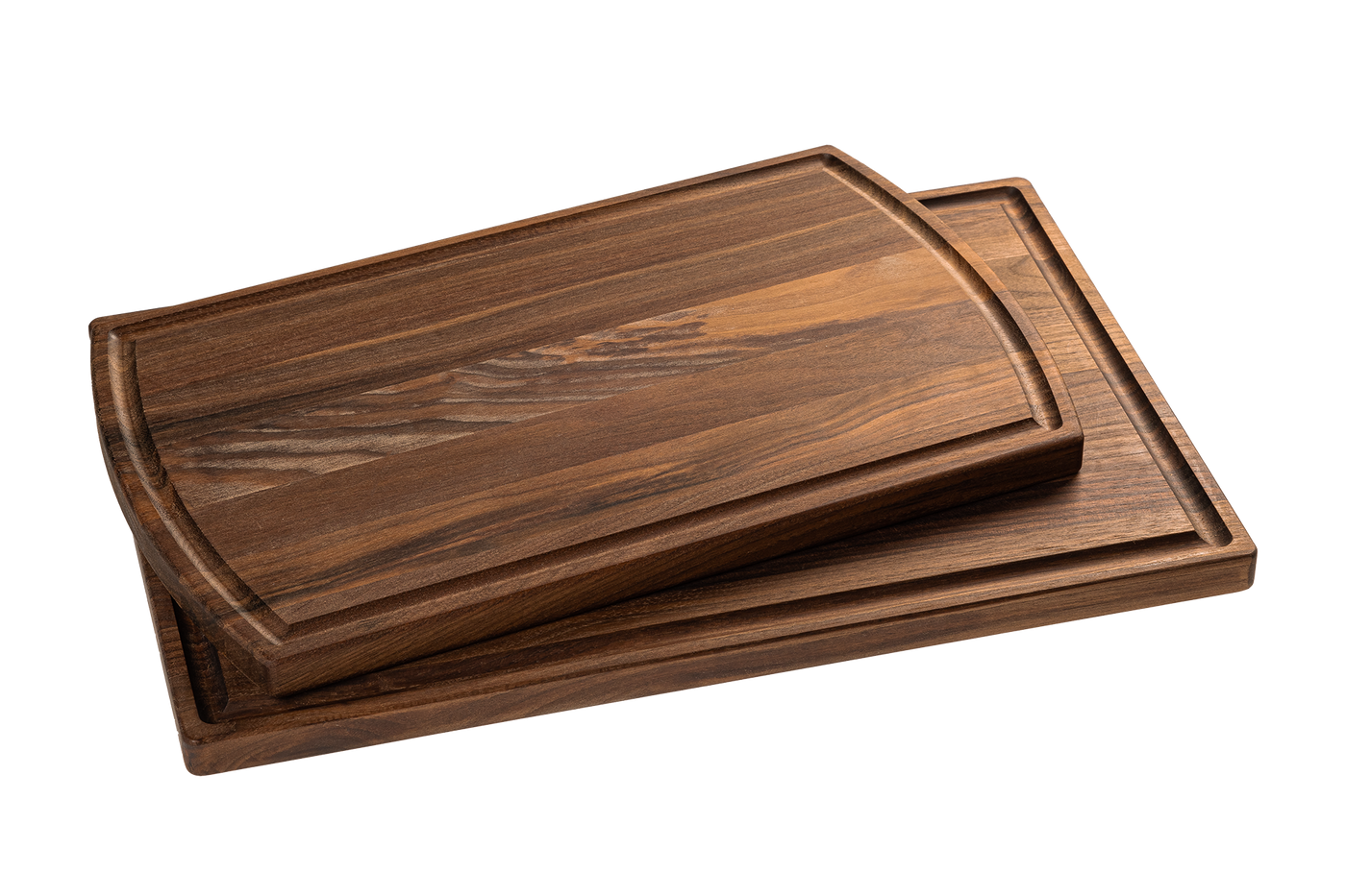 Two Chop Chop wooden walnut cutting boards, rectangular, one larger with a juice groove and one smaller nested inside.