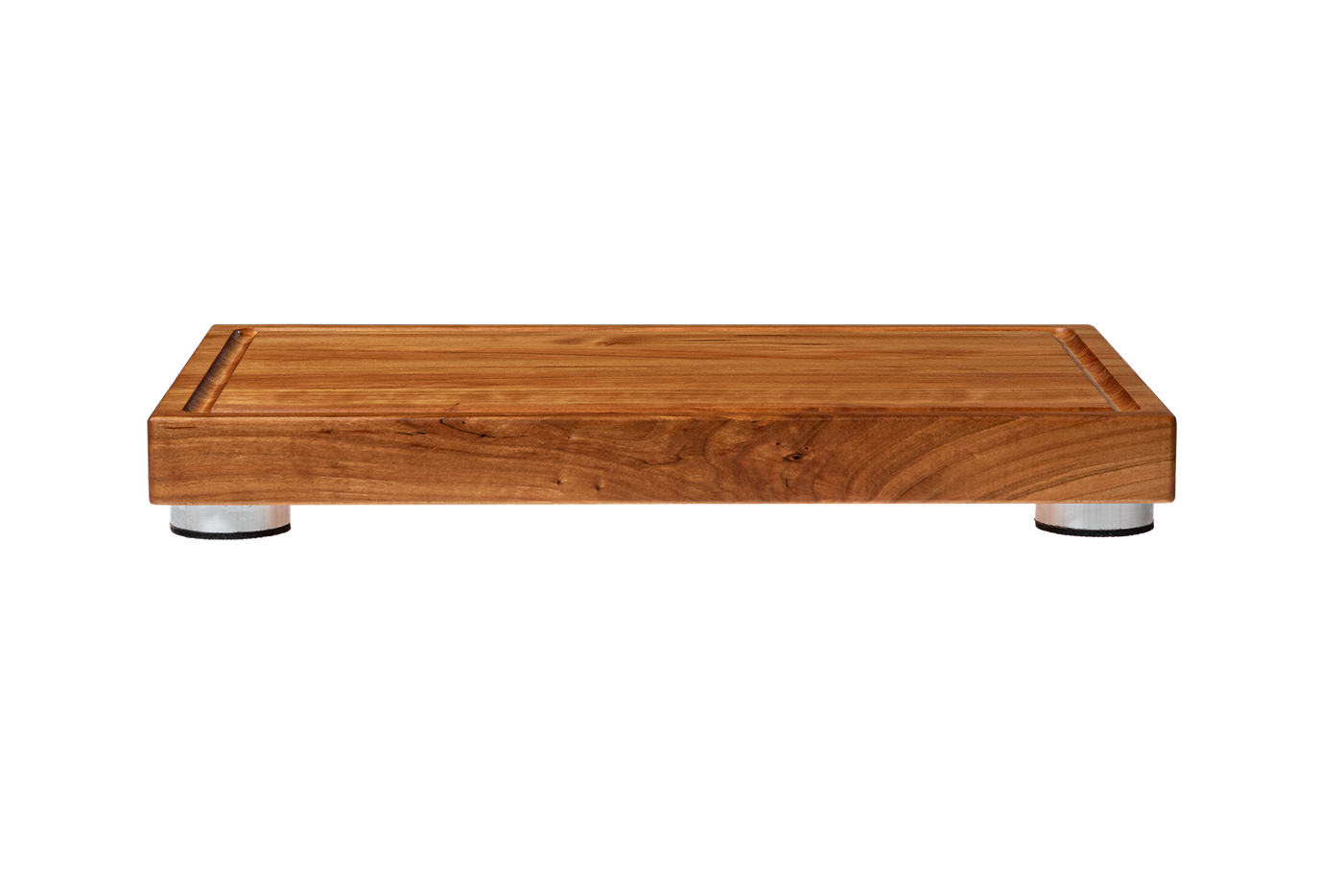 Cutting Board with Brushed Aluminium Stabilizers and Juice Groove. 17" length, 1-1/2" height. (Flat Grain)