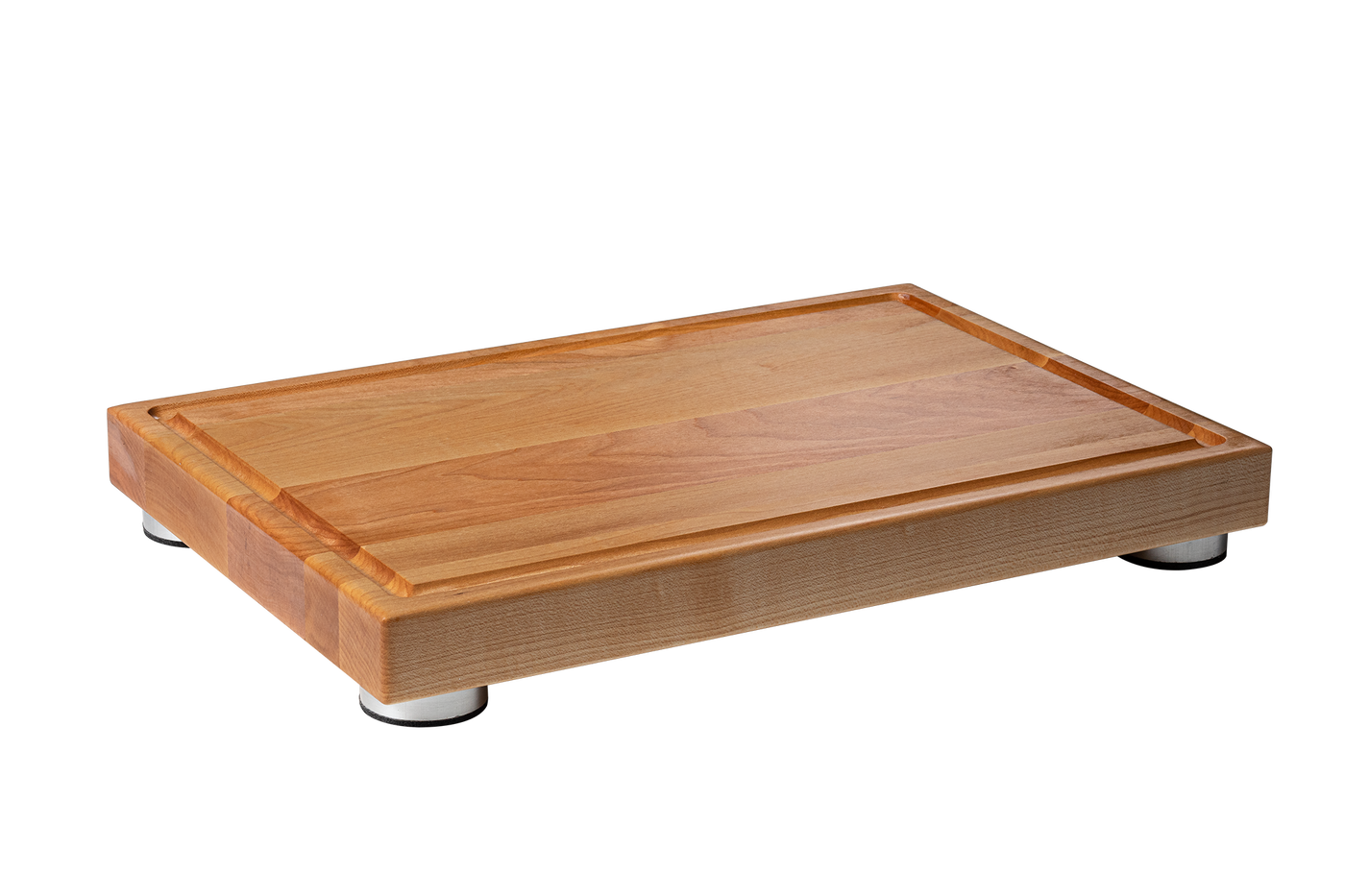 Cutting Board with Brushed Aluminium Stabilizers and Juice Groove. 17" length, 1-1/2" height. (Flat Grain)