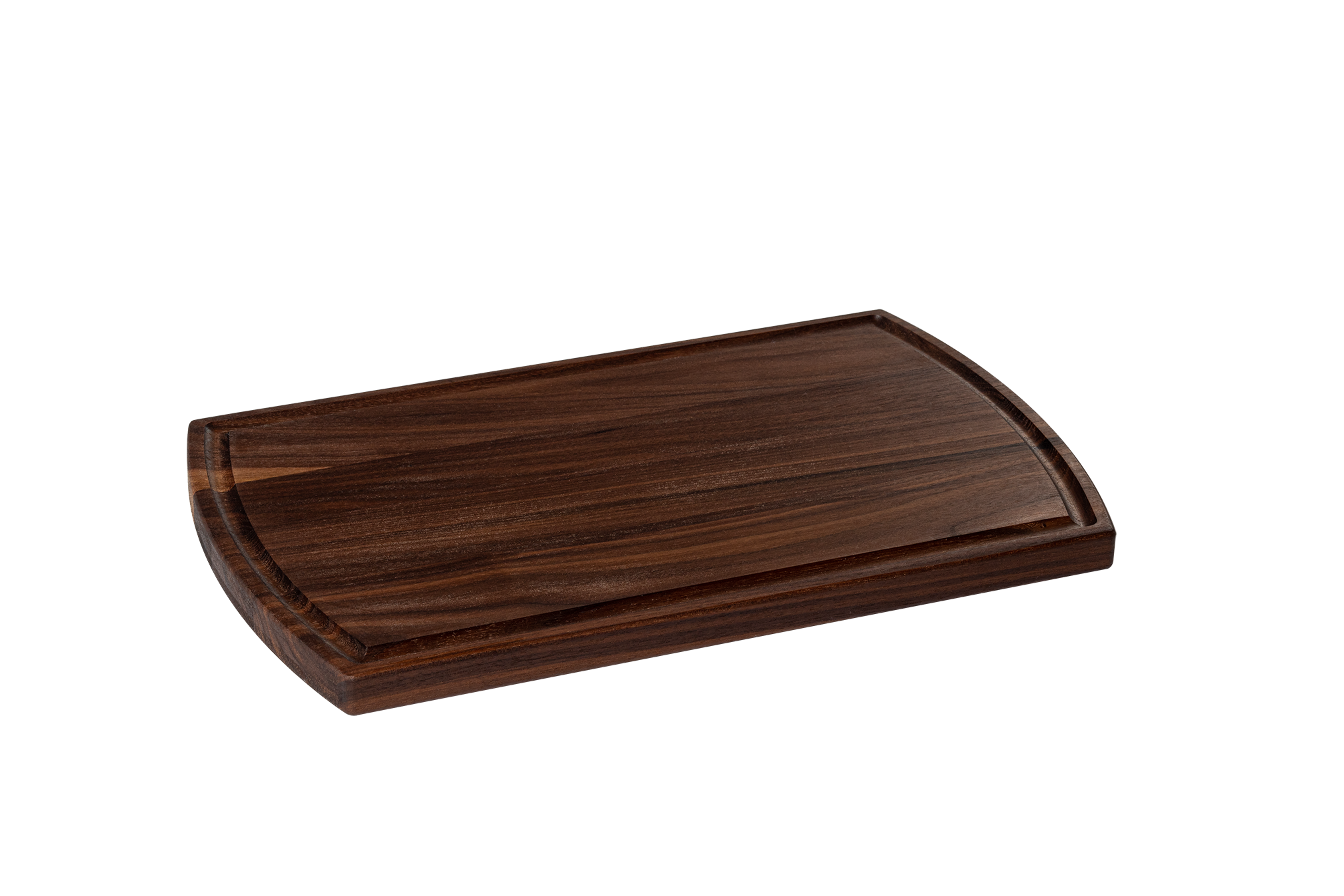 Chop Chop arched walnut hardwood cutting board with a juice groove, premium quality for everyday kitchen use. Made in Quebec.