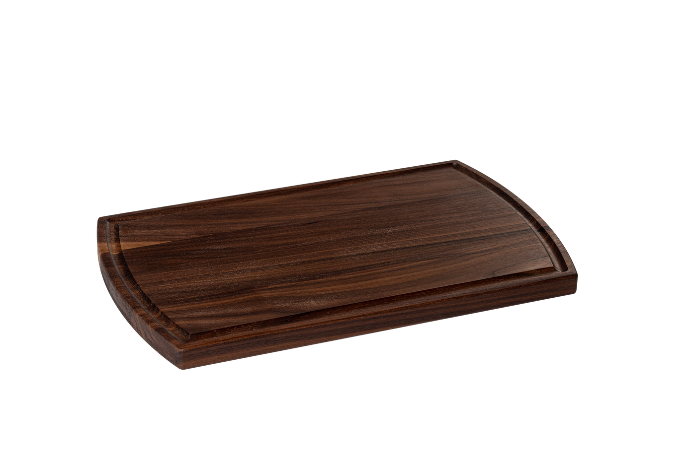 Chop Chop arched walnut hardwood cutting board with a juice groove, premium quality for everyday kitchen use. Made in Quebec.