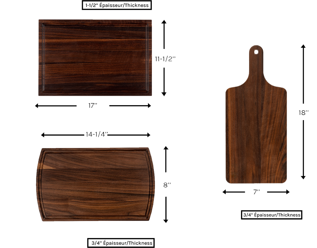 Chop Chop walnut wood cutting board set with a deep juice groove and handle. Durable and elegant for kitchen prep and serving. Made in Quebec