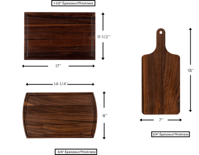 Chop Chop walnut wood cutting board set with a deep juice groove and handle. Durable and elegant for kitchen prep and serving. Made in Quebec