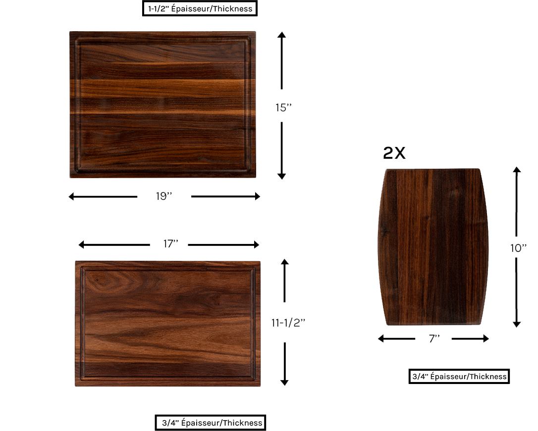 a set of 4 essentials chop chop walnut wood cutting board with juice groove made in quebec made in canada