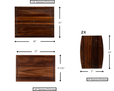 a set of 4 essentials chop chop walnut wood cutting board with juice groove made in quebec made in canada